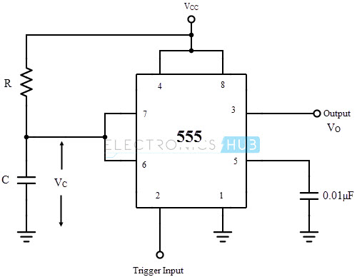 作为单稳态多谐振荡器的IC 555原理图